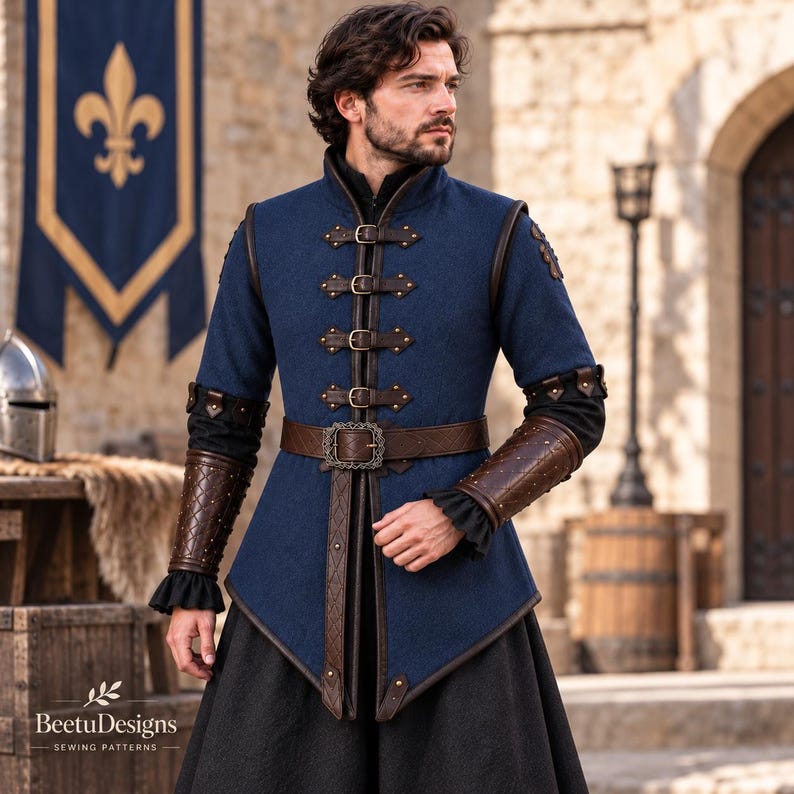 May include: A dark blue long-sleeved doublet featuring brown leather trim, four front buckle closures, and a matching brown leather belt with a decorative buckle. The garment includes brown leather forearm guards with a quilted pattern and black cuffs.