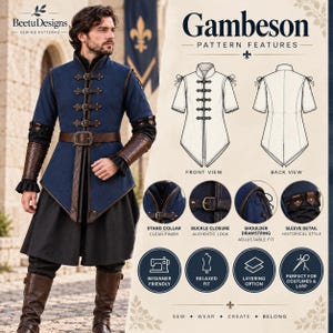 May include: A sewing pattern for a gambeson featuring a blue tunic with a stand collar, buckle closures, and shoulder drawstrings. The design includes front and back technical sketches, detailed close-ups of the hardware, and text labels.