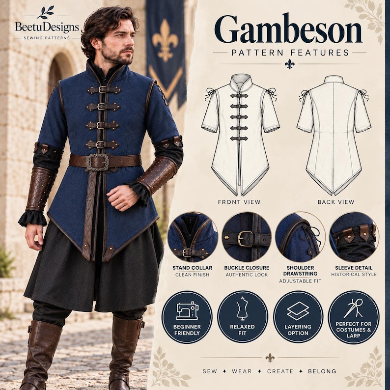 May include: A sewing pattern for a gambeson featuring a blue tunic with a stand collar, buckle closures, and shoulder drawstrings. The design includes front and back technical sketches, detailed close-ups of the hardware, and text labels.