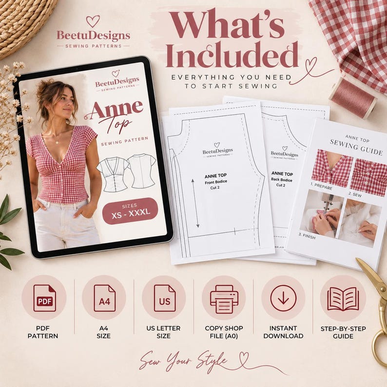 Puede incluir: Un patr&oacute;n de costura digital para el top Anne, que incluye una tableta con la portada, plantillas de corpi&ntilde;o impresas y una gu&iacute;a de costura. Los iconos indican formato PDF, tama&ntilde;os A4 y US Letter, archivo A0 y descarga instant&aacute;nea.