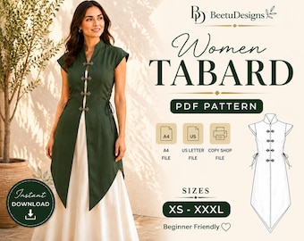 Women's Medieval Tabard Sewing Pattern PDF Female Fantasy Tabard Vest Sideless Surcoat Cosplay Costume dress Beginner Friendly Digital