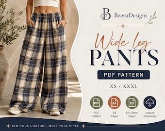May include: Wide leg pants PDF pattern by BeetuDesigns featuring a plaid print in navy, beige, and white. The digital file includes sizes XS to XXXL, with options for A4 and US Letter paper formats, and is available for instant download.