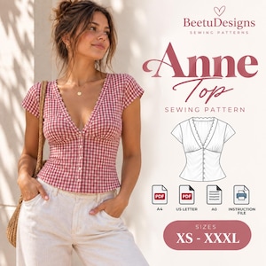May include: A red and white gingham button-down top with a V-neckline and short sleeves. The text reads BeetuDesigns Sewing Patterns, Anne Top, Sewing Pattern, Sizes XS-XXXL, with icons for A4, US Letter, A0, and instruction file PDF formats.