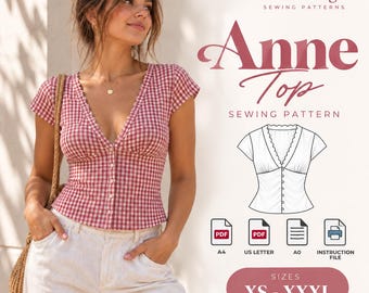 Trendy Top Sewing Pattern Women V-Neck Blouse Pattern PDF Summer Top Pattern Easy Beginner Friendly A0 A4 Printable digital download