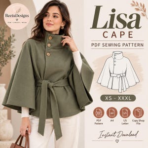 Op de afbeelding: Een olijfgroene cape met een hoge kraag, drie bruine knopen en een bijpassende strikceintuur. De afbeelding bevat de tekst Lisa CAPE PDF SEWING PATTERN, maatbereik XS-XXXL en iconen voor PDF, A4, US Letter en Copy Shop bestandsformaten.