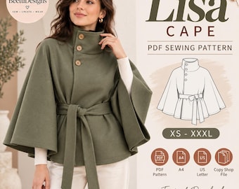 Cape coat sewing pattern Women Cape jacket Winter Cloak Pattern Easy Beginner sewing PDF (XS-XXXL) A0 A4 Printable digital download