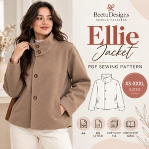 May include: A PDF sewing pattern for the Ellie Jacket by BeetuDesigns. The image displays a tan jacket with a high collar and buttons, alongside a technical line drawing of the jacket, size range XS-XXXL, and icons for A4, US Letter, copy shop file, and guide.