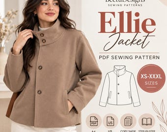 Jacket Sewing Pattern Women Button up stand collar jacket PDF Sewing Pattern Lined Coat with pockets A0 A4 Printable digital download