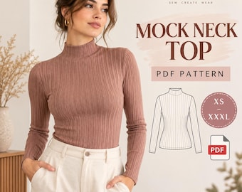 Mock Neck Top Sewing Pattern PDF Turtleneck Fitted Stretch Top Women Long sleeve Shirt Top Pattern (XS-XXXL) A0 A4 Printable Download