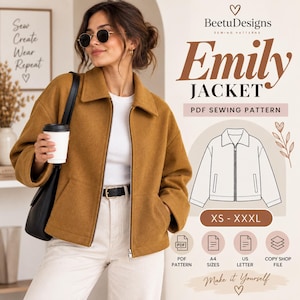 Könnte beinhalten: Eine senfgelbe Jacke mit Kragen, Frontreißverschluss und Seitentaschen. Das Bild enthält den Text BeetuDesigns Emily Jacket PDF Sewing Pattern, eine Strichzeichnung der Jacke sowie Symbole für PDF-, A4-, US Letter- und Copy Shop-Dateien.