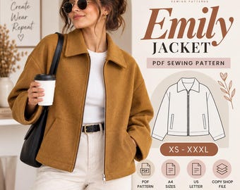 Jacket Sewing Pattern for Women Zip Up Jacket Short Crop Zipper Jacket Easy Beginner sewing PDF A0 A4 Printable digital download
