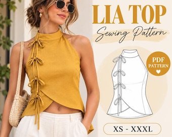 May include: A mustard yellow sleeveless top with a high neckline and four decorative bows along the right side. The design features a wrap-style front hem. The image includes text reading BeetuDesigns Lia Top Sewing Pattern PDF Pattern XS-XXXL.
