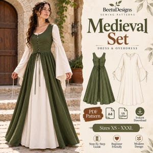 May include: A sewing pattern for a medieval set including a dress and overdress by BeetuDesigns. The set features a long, cream-colored dress with flared sleeves and a sleeveless, olive green overdress with front lacing. Includes PDF pattern.