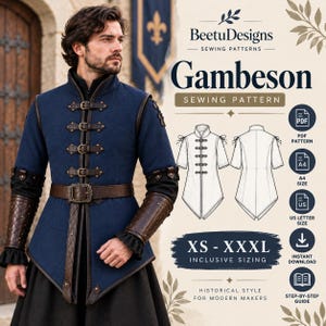 May include: A sewing pattern for a gambeson by BeetuDesigns, featuring a blue jacket with brown leather-style straps and buckles. The image displays technical line drawings of the front and back of the garment, with sizing from XS to XXXL.