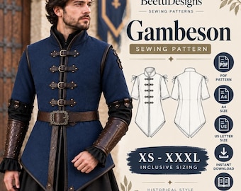 Medieval Gambeson Pattern men Medieval Tunic sewing Pattern Warrior Robe Fantasy cosplay costume Beginner PDF A4 Printable digital download