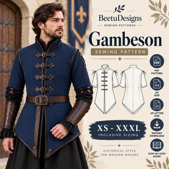 Medieval Gambeson Pattern men Medieval Tunic sewing Pattern Warrior Robe Fantasy cosplay costume Beginner PDF A4 Printable digital download