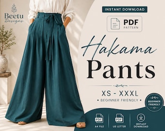 May include: A digital PDF sewing pattern for wide-leg teal Hakama pants. The graphic includes the text Beetu Designs, Instant Download, PDF Pattern, Hakama Pants, XS - XXXL, Beginner Friendly, A4 File, US Letter, and Instant Download icons.