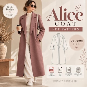 May include: A digital PDF sewing pattern for the Alice coat, featuring a long, mauve-coloured coat with notched lapels and side pockets. The graphic includes a technical line drawing of the coat, size range XS-XXXL, and icons for PDF, A4, US Letter, and copy shop file formats.