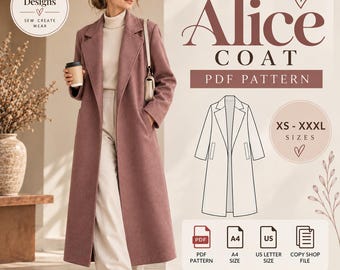 Op de afbeelding: Een digitaal PDF-naaipatroon voor de Alice-jas, met een lange, mauvekleurige jas met revers en zijzakken. De afbeelding bevat een technische lijntekening van de jas, de maten XS-XXXL en iconen voor PDF, A4, US Letter en copy shop bestandsformaten.