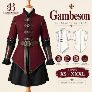 Peut inclure: Une veste gambison bordeaux avec un col montant, des lanières et boucles en similicuir marron, portée sur une jupe noire. L'image contient le texte : BeetuDesigns Gambeson PDF Sewing Pattern, tailles XS-XXXL, et des icônes PDF, A4, US Letter.