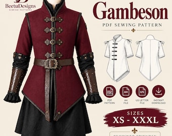 Può includere: Una giacca gambesone bordeaux con collo alto, cinturini e fibbie in similpelle marrone, indossata sopra una gonna nera. L'immagine include il testo: BeetuDesigns Gambeson PDF Sewing Pattern, taglie XS-XXXL, e icone per PDF, A4, US Letter.