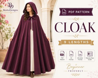 Hooded Cloak Sewing Pattern PDF Cosplay Cape Pattern Medieval Costume Fantasy Dress Long Cape with Hood Magical Gown Beginner pdf download