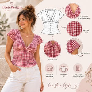 Puede incluir: Un top de cuadros vichy rojos y blancos con escote en V de borde festoneado, mangas cortas y cierre frontal de botones. El dise&ntilde;o incluye un cord&oacute;n ajustable, un corte relajado y se presenta como un patr&oacute;n de costura de BeetuDesigns.