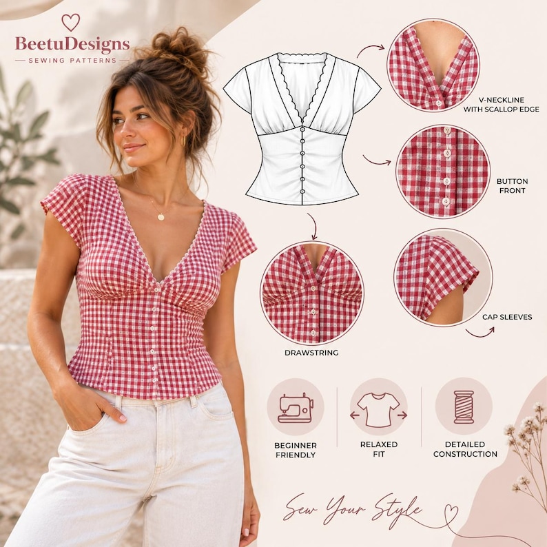 Puede incluir: Un top de cuadros vichy rojos y blancos con escote en V de borde festoneado, mangas cortas y cierre frontal de botones. El dise&ntilde;o incluye un cord&oacute;n ajustable, un corte relajado y se presenta como un patr&oacute;n de costura de BeetuDesigns.