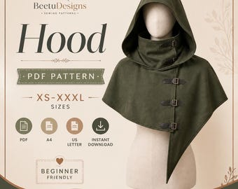 Hood Sewing Pattern Cape with Hood Pattern Medieval Dress Capelet Pattern Cosplay Cloak Easy Beginner Sewing Pattern PDF digital download