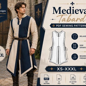 Patroon voor een middeleeuwse tabberd voor mannen, tuniek, krijgersgewaad, fantasiekostuum, naaipatroon, middeleeuws vest, pdf, eenvoudig voor beginners, A0/A4, printbaar, downloaden.