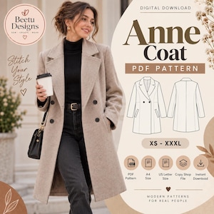 Könnte beinhalten: Ein beigefarbener zweireihiger Mantel mit fallendem Revers und schwarzen Knöpfen. Das digitale Schnittmuster mit dem Titel Anne Coat enthält eine technische Zeichnung der Vorder- und Rückansicht, Größen von XS bis XXXL sowie Symbole für PDF, A4 und US Letter.