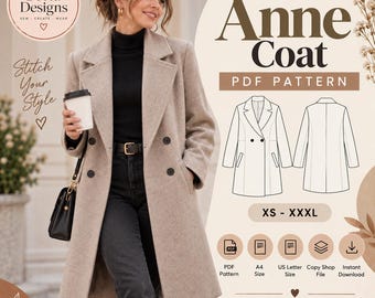 Pode incluir: Um casaco bege de abotoamento duplo com lapelas e botões pretos. O molde digital, intitulado Anne Coat, inclui um desenho técnico das vistas frontal e traseira, tamanhos de XS a XXXL e ícones para ficheiros PDF, A4, US Letter e Copy Shop.