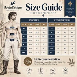 May include: A BeetuDesigns sewing pattern size guide featuring a diagram of a person with chest, waist, and hip measurement lines. The chart displays sizing data in inches and centimeters for sizes XS to XXXL, with icons for sew, wear, create, and belong.