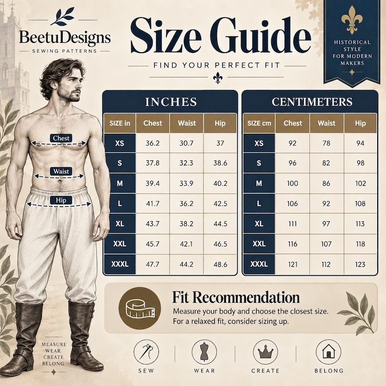May include: A BeetuDesigns sewing pattern size guide featuring a diagram of a person with chest, waist, and hip measurement lines. The chart displays sizing data in inches and centimeters for sizes XS to XXXL, with icons for sew, wear, create, and belong.