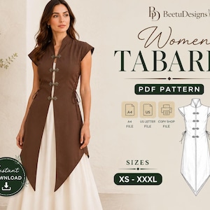 May include: A brown tabard PDF pattern featuring a mandarin collar, cap sleeves, and four decorative frog closures down the front. The design includes side ties and a pointed hemline. Text includes BeetuDesigns, Women TABARD, PDF PATTERN, A4, US LETTER, COPY SHOP FILE, INSTANT DOWNLOAD, and SIZES XS - XXXL.