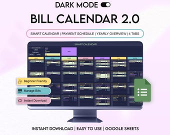 Op de afbeelding: Een computermonitor toont een "Bill Calendar 2.0" interface in donkere modus. Het scherm toont een slimme kalender met betalingsschema, jaaroverzicht en 4 tabbladen. Tekst omvat "Beginner Friendly", "Manage Bills" en "Instant Download".