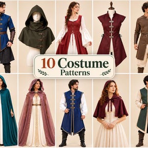 May include: A collection of 10 costume patterns displayed in a grid, featuring various garments including tunics, capes, hoods, and dresses in colors like blue, red, green, and brown. The central text reads 10 Costume Patterns.