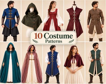 Pode incluir: Uma coleção de 10 moldes de fantasias exibidos em uma grade, apresentando várias peças como túnicas, capas, capuzes e vestidos em cores como azul, vermelho, verde e marrom. O texto central diz 10 Costume Patterns.