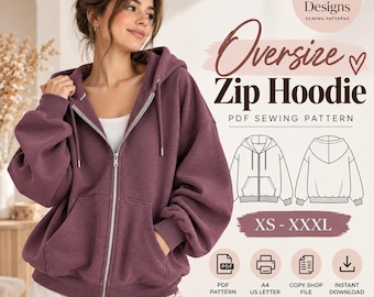 Oversized Hoodie Pattern Women zip up Hoodie Sewing Pattern PDF Zipper Hoodie Beginner Zip Jacket Easy Sweater Pattern Digital Download