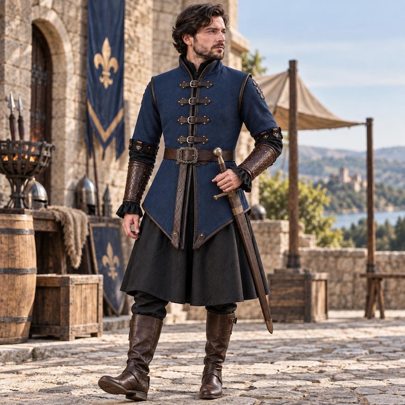 May include: A dark blue long-sleeved tunic with a high collar, featuring multiple brown leather buckled straps down the front, brown leather arm bracers, a matching brown leather belt, a black skirt, and brown leather boots with a sword.
