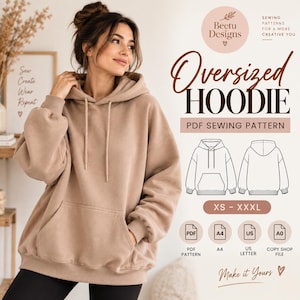 Pode incluir: Um moletom com capuz bege oversized com bolso canguru frontal, mangas compridas e capuz com cordão. A imagem inclui o texto: Beetu Designs, Oversized Hoodie PDF Sewing Pattern, XS-XXXL, PDF, A4, US Letter, Copy Shop File, Make it Yours.