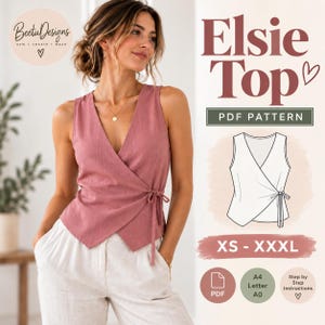 Puede incluir: Un top sin mangas color rosa empolvado con escote en V y cierre de lazo lateral. La imagen incluye el texto Elsie Top PDF Pattern, BeetuDesigns y el rango de tallas XS-XXXL, junto a un dibujo técnico del diseño de la prenda.