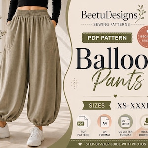 Puede incluir: Un patrón de costura digital para pantalones globo de BeetuDesigns. La imagen muestra pantalones verde oliva con cintura elástica, bolsillos laterales y puños fruncidos. El texto incluye PDF Pattern, Beginner Friendly, tallas XS-XXXL e Instant Download.