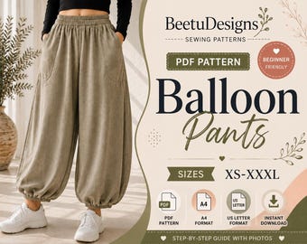 Pode incluir: Um molde de costura digital para calças balão da BeetuDesigns. A imagem mostra calças verde-oliva com cós elástico, bolsos laterais e punhos franzidos. O texto inclui PDF Pattern, Beginner Friendly, tamanhos XS-XXXL e Instant Download.