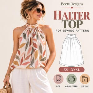 May include: A halter top PDF sewing pattern by BeetuDesigns featuring a sleeveless blouse with a high neckline and a multi-colored leaf print in shades of rust, olive, and cream. Includes a technical line drawing, sizes XS to XXXL, and icons for PDF, A4, Letter, and ZIP file formats.