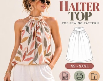 Halter Neck Top Sewing Pattern trendy Women Blouse Sleeveless Summer Top PDF XS-XXXL Easy Beginner Friendly A0 A4 Printable digital download
