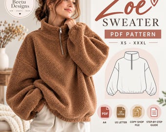 Zip sweatshirt Pattern Women Sweater Zip Up sweatshirt sewing Pattern Easy Beginner sewing PDF (XS-XXXL) A0 A4 Printable digital download