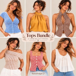 May include: A digital collage of six different tops including a blue gingham button-down, a mustard halter, a brown gingham halter, a striped off-shoulder top, a red gingham square-neck top, and a white sleeveless blouse with text Tops Bundle.