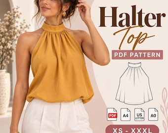Halter Neck Top Sewing Pattern trendy Women Blouse Sleeveless Summer Top PDF XS-XXXL Easy Beginner Friendly A0 A4 Printable digital download
