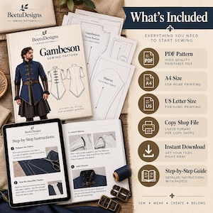 May include: A Gambeson sewing pattern set by BeetuDesigns including printed pattern sheets, a tablet displaying step-by-step instructions with photos, and a list of included files like PDF, A4, US Letter, and copy shop formats for home sewing.